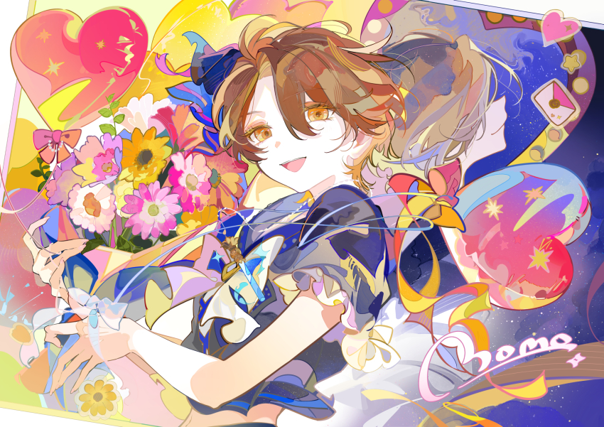 1boy abstract_background balloon black_shirt bouquet bow bowtie brown_eyes brown_hair character_name commentary_request copyright_request ezu_(e104mjd) flower heart heart_balloon highres holding holding_bouquet letter looking_at_viewer male_focus open_mouth orange_flower pink_flower shirt short_hair short_sleeves smile solo upper_body white_flower yellow_bow yellow_bowtie