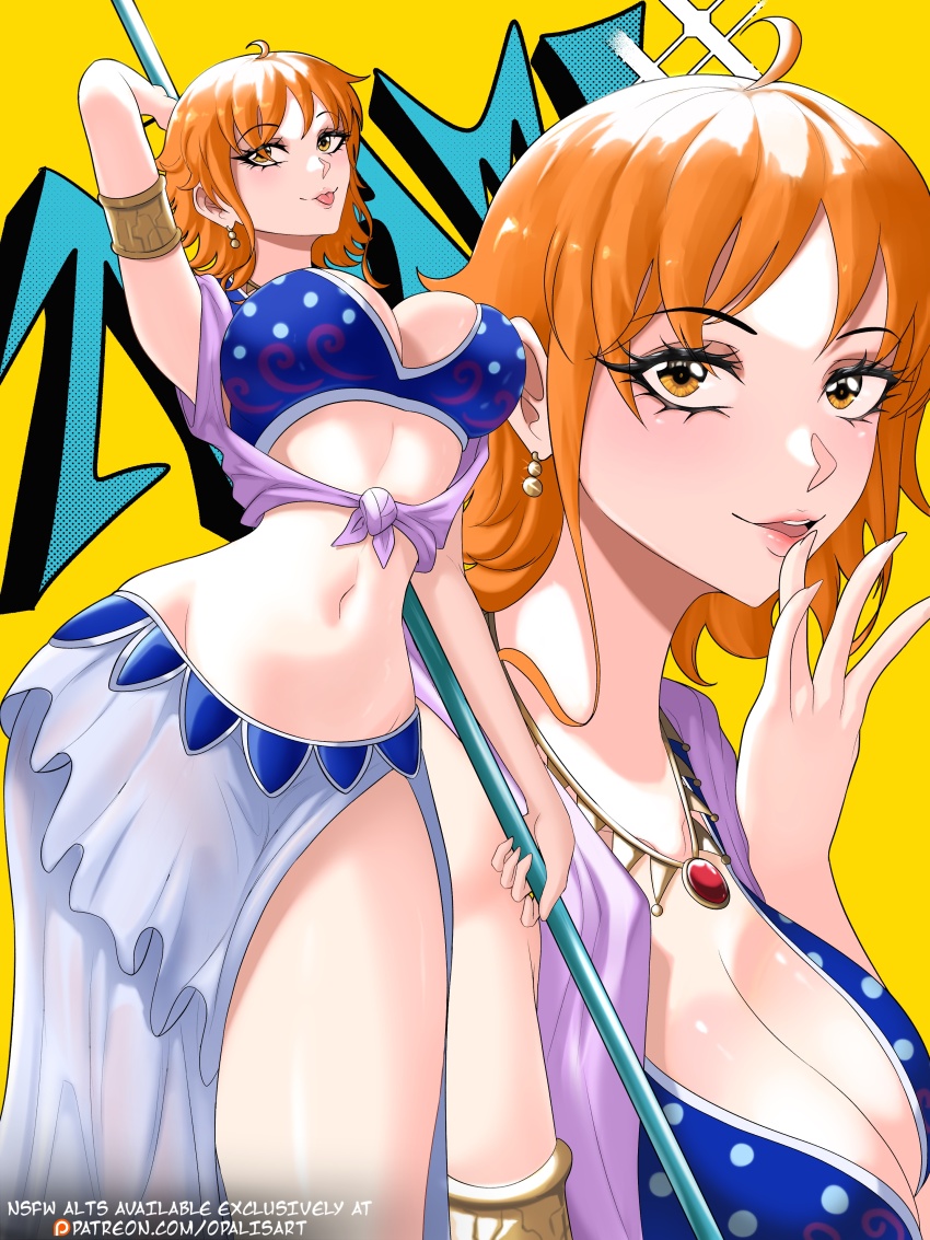 1girl absurdres arabian_clothes arm_behind_back armlet bare_shoulders breasts character_name cleavage clima-tact earrings eyelashes finger_to_mouth gem gold_necklace highres holding holding_staff jewelry large_breasts looking_at_viewer midriff nami_(one_piece) nami_(one_piece)_(alabasta) navel necklace one_piece opalis orange_eyes orange_hair paid_reward_available parted_lips red_gemstone short_hair smile staff text_focus thighs tongue tongue_out yellow_background
