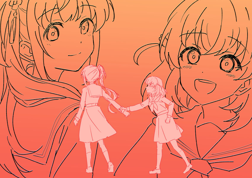2girls :d blush cerise_bouquet closed_mouth commentary_request dress flower grabbing_another&#039;s_arm hair_flower hair_ornament hasu_no_sora_school_uniform highres hinoshita_kaho kneehighs link!_like!_love_live! loafers long_hair long_sleeves looking_at_another love_live! medium_dress medium_hair monochrome multiple_girls multiple_views neckerchief nogreen open_mouth orange_theme otomune_kozue pleated_dress rabbit_hair_ornament sailor_collar sailor_dress school_uniform shoes side_ponytail sidelocks smile socks split_mouth tassel tassel_hair_ornament teeth two_side_up upper_teeth_only winter_uniform zanyo_(love_live!)