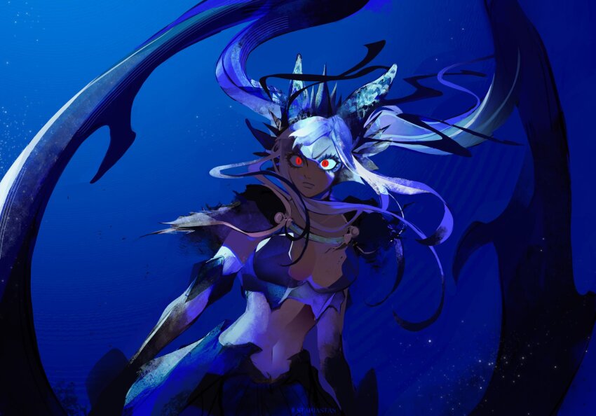 1girl black_clover breasts cleavage highres large_breasts long_hair midriff navel noelle_silva red_eyes revealing_armor solo twintails