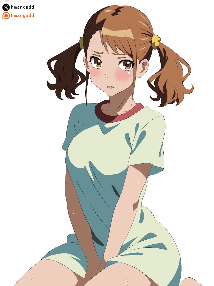 1girl absurdres anjou_naruko ano_hi_mita_hana_no_namae_wo_bokutachi_wa_mada_shiranai. artist_name between_legs blush brown_eyes brown_hair hand_between_legs highres hmangadd matching_hair/eyes open_mouth patreon_logo patreon_username seiza shirt short_sleeves simple_background sitting solo sweat twintails twitter_username twitter_x_logo white_background white_shirt