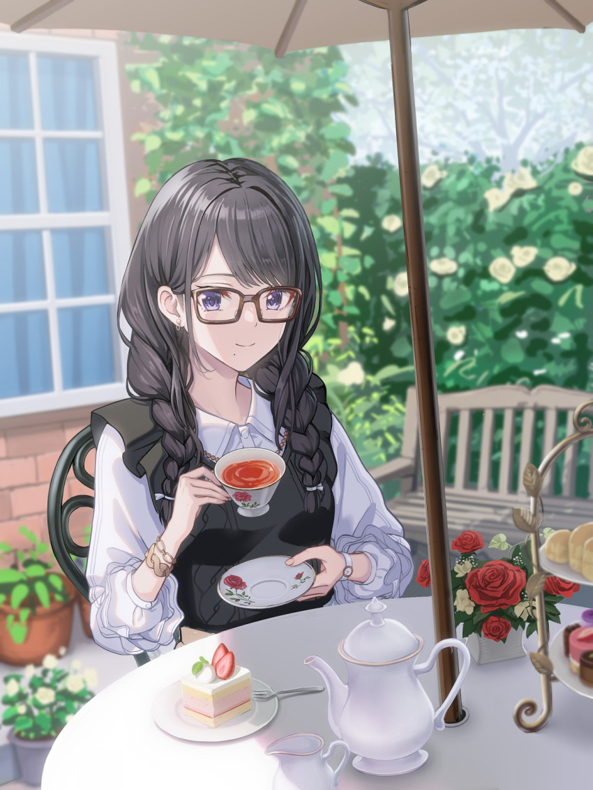 1girl bench bespectacled black_hair blush bracelet braid breasts brown-framed_eyewear cake cake_slice cleavage_cutout closed_mouth clothing_cutout collared_shirt commentary_request cup day earrings flower food fork garden glasses highres holding holding_cup holding_saucer idolmaster idolmaster_shiny_colors jewelry kazano_hiori long_hair looking_at_viewer macha0331 mole mole_under_mouth outdoors patio_umbrella plant plate potted_plant purple_eyes red_flower red_rose rose saucer shirt small_breasts smile solo sweater_vest swept_bangs table tea teacup teapot tiered_tray twin_braids vase watch white_shirt wristwatch