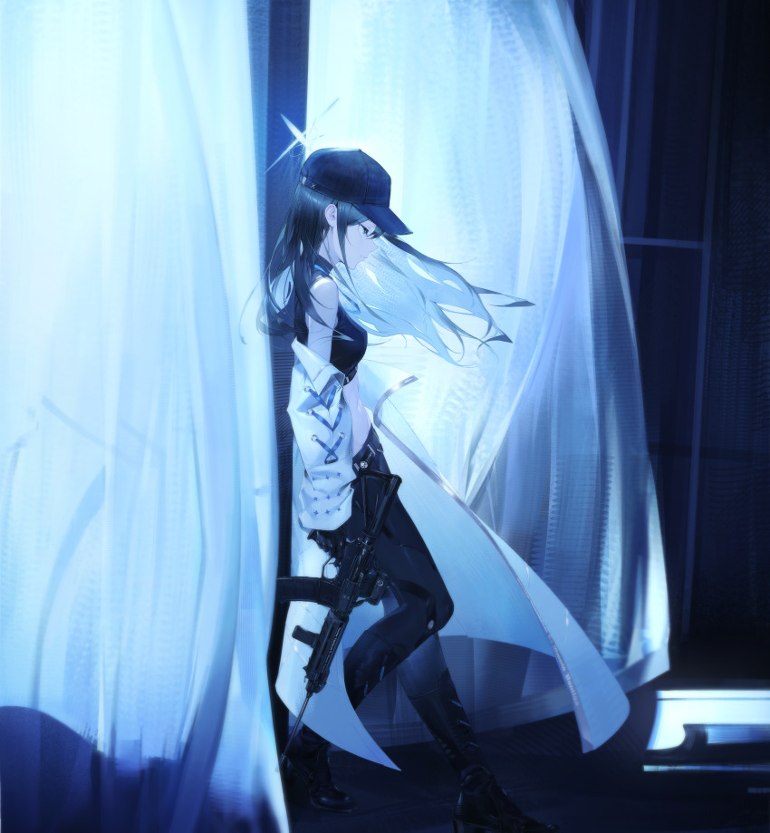 14yuruis 1girl absurdres assault_rifle bare_shoulders blue_archive blue_eyes blue_hair blue_halo blue_theme boots breasts coat coat_partially_removed crop_top curtains floating_hair from_side full_body gloves gun halo highres holding holding_gun holding_weapon leaning leaning_back leather leather_boots long_hair long_sleeves medium_breasts midriff multicolored_hair navel rifle saori_(blue_archive) sig_516 sig_sauer solo weapon white_coat wind