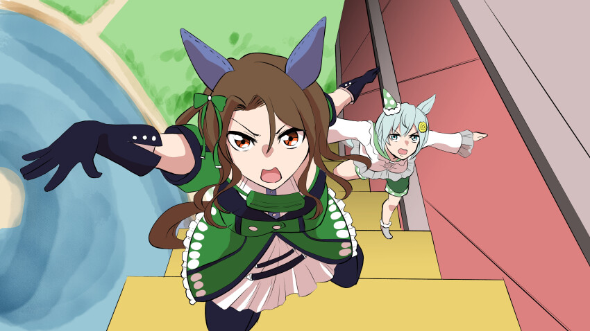 2girls absurdres animal_ears aqua_eyes asymmetrical_bangs black_gloves bow brown_hair commentary crayon_shin-chan ear_covers flower from_above gloves green_bow green_jacket hair_bow hair_flower hair_ornament highres jacket king_halo_(umamusume) light_green_hair long_sleeves medium_hair meme multiple_girls natuumi_(jmwy5354) neta one_side_up open_mouth red_eyes scene_reference seiun_sky_(umamusume) short_hair single_ear_cover stairs umamusume