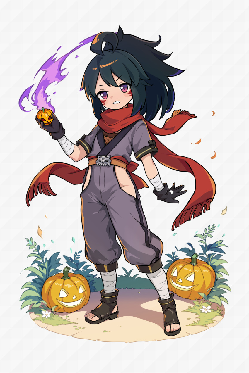 1girl ahoge black_gloves black_hair boots facial_mark full_body gloves grey_background hair_between_eyes hanabi_(world_flipper) highres holding holding_pumpkin jack-o&#039;-lantern long_hair looking_at_viewer mwm5 open-toe_boots open-toe_shoes parted_lips pumpkin red_scarf sandals scarf solo standing world_flipper
