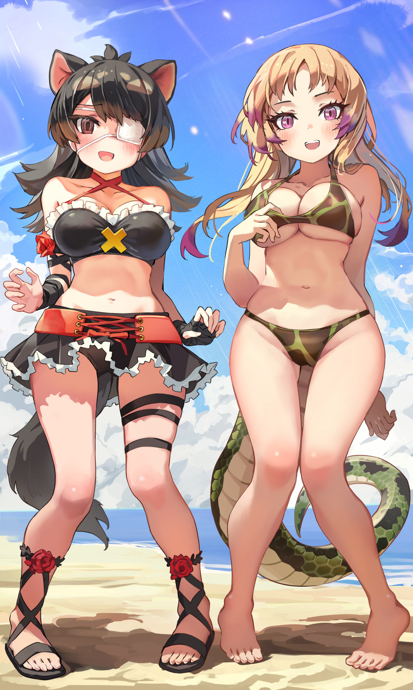 2girls :d absurdres adapted_costume african_rock_python_(kemono_friends) ankle_lace-up australian_devil_(kemono_friends) bare_arms bare_legs bare_shoulders barefoot beach bikini black_bikini black_hair black_skirt blonde_hair blue_sky blush breasts brown_eyes cloud collarbone commentary_request day extra_ears eyepatch feet frilled_skirt frills full_body highres kemono_friends large_breasts long_hair looking_at_viewer medical_eyepatch melaton multicolored_hair multiple_girls navel one_eye_covered open_mouth outdoors pigeon-toed pink_eyes purple_hair sandals skirt sky smile snake_tail standing stomach swimsuit tail tasmanian_devil_ears tasmanian_devil_tail thigh_strap toes two-tone_hair wrist_wrap
