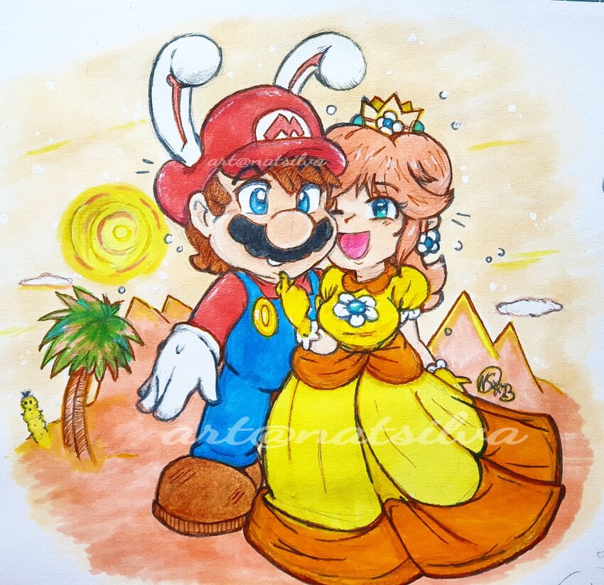 1boy 1girl blue_eyes breasts brooch brown_hair bunny_mario crown dress earrings facial_hair flower_earrings grin hat highres jewelry looking_at_another looking_at_viewer mario mario_(series) medium_breasts mustache nintendo orange_dress overalls palm_tree power-up princess_daisy puffy_short_sleeves puffy_sleeves rabbit_ears short_sleeves smile standing sun super_mario_land super_mario_land_2 tree