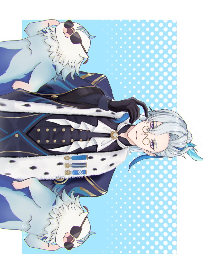 1boy absurdres alternate_costume asymmetrical_bangs black_gloves black_shirt black_vest blue_background blue_coat blue_hair border brooch buttons closed_mouth coat double-breasted ermine feather_hair_ornament feathers fur_scarf genshin_impact glasses gloves gold_trim hair_between_eyes hair_ornament hand_up highres jewelry leisurely_otter_(genshin_impact) long_hair long_sleeves looking_at_viewer male_focus mandarin_collar medal multicolored_hair neck_ribbon neuvillette_(genshin_impact) otter outside_border pince-nez pointy_ears polka_dot polka_dot_background ponytail purple_eyes pyongli ribbon shirt sideways single_sidelock smile solo stole straight-on streaked_hair sunglasses upper_body vest weasel white_border white_hair white_ribbon