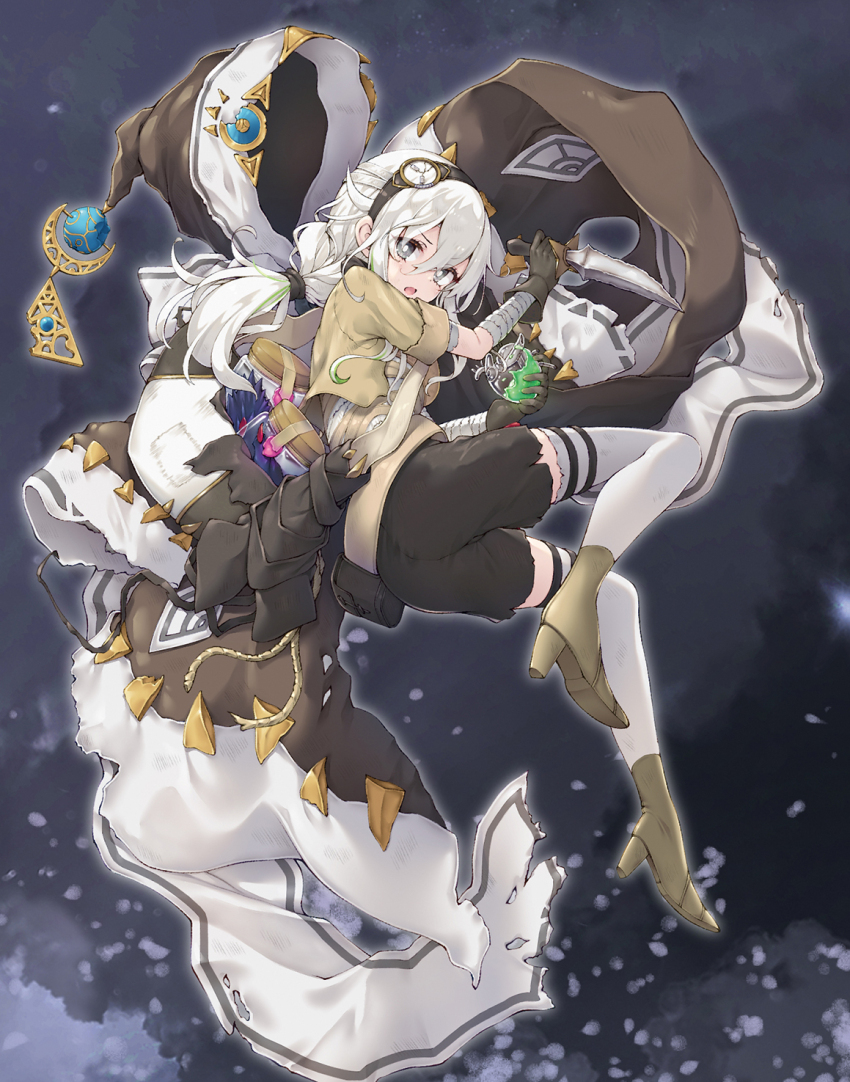 1girl astellar_of_the_white_forest bandaged_arm bandages black_gloves black_hat black_shorts boots brown_boots brown_jacket commentary_request crescent dagger diabellstar_the_black_witch duel_monster gloves green_hair grey_eyes hair_between_eyes hat high_heel_boots high_heels highres holding holding_dagger holding_knife holding_weapon jacket jar knife like_the_diabell long_hair multicolored_hair nakazawa_aki shoe_soles shorts solo streaked_hair thighhighs thighhighs_under_boots very_long_hair weapon white_hair white_thighhighs witch_hat yu-gi-oh!