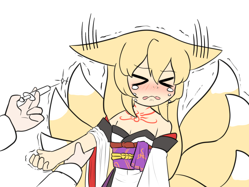 &gt;_&lt; 1girl 1other 3: animal_ears averting_eyes bare_shoulders blonde_hair blush breasts chest_tattoo closed_eyes commentary crying detached_sleeves ears_down english_commentary fox_ears fox_girl fox_tail hair_between_eyes highres holding holding_syringe japanese_clothes kimono kitsune long_hair long_sleeves mon-musu_quest! monster_girl multiple_tails neck_tattoo nose_blush nykaani obi out_of_frame outstretched_arm parted_lips purple_sash sash scared simple_background sleeve_rolled_up small_breasts solo_focus sparkle syringe tail tamamo_(mon-musu_quest!) tattoo trembling upper_body white_background white_kimono white_sleeves wide_sleeves