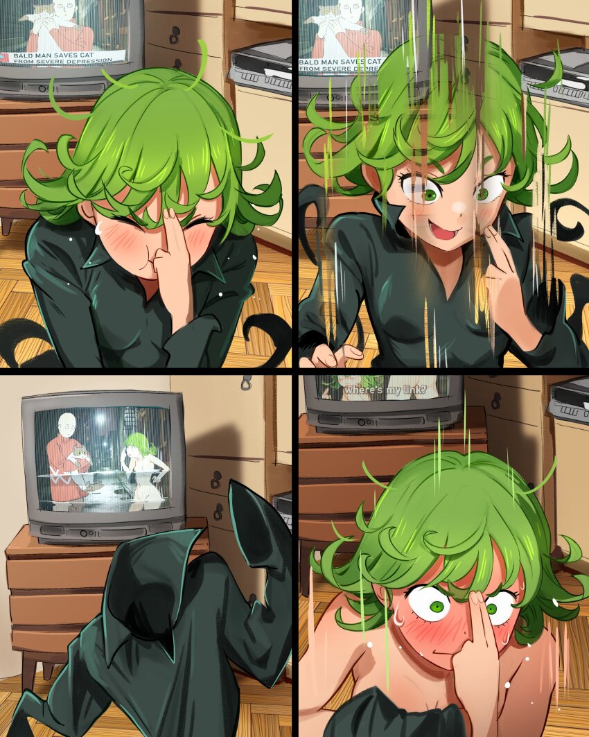 1boy 1girl 4koma absurdres black_dress blush breasts cat closed_mouth collared_dress comic crt dress finger_to_face full-face_blush green_eyes green_hair highres instant_transmission khyle. motion_lines nose_blush one-punch_man open_mouth panels saitama_(one-punch_man) short_hair small_breasts smile sweat tatsumaki teleportation television wardrobe_malfunction