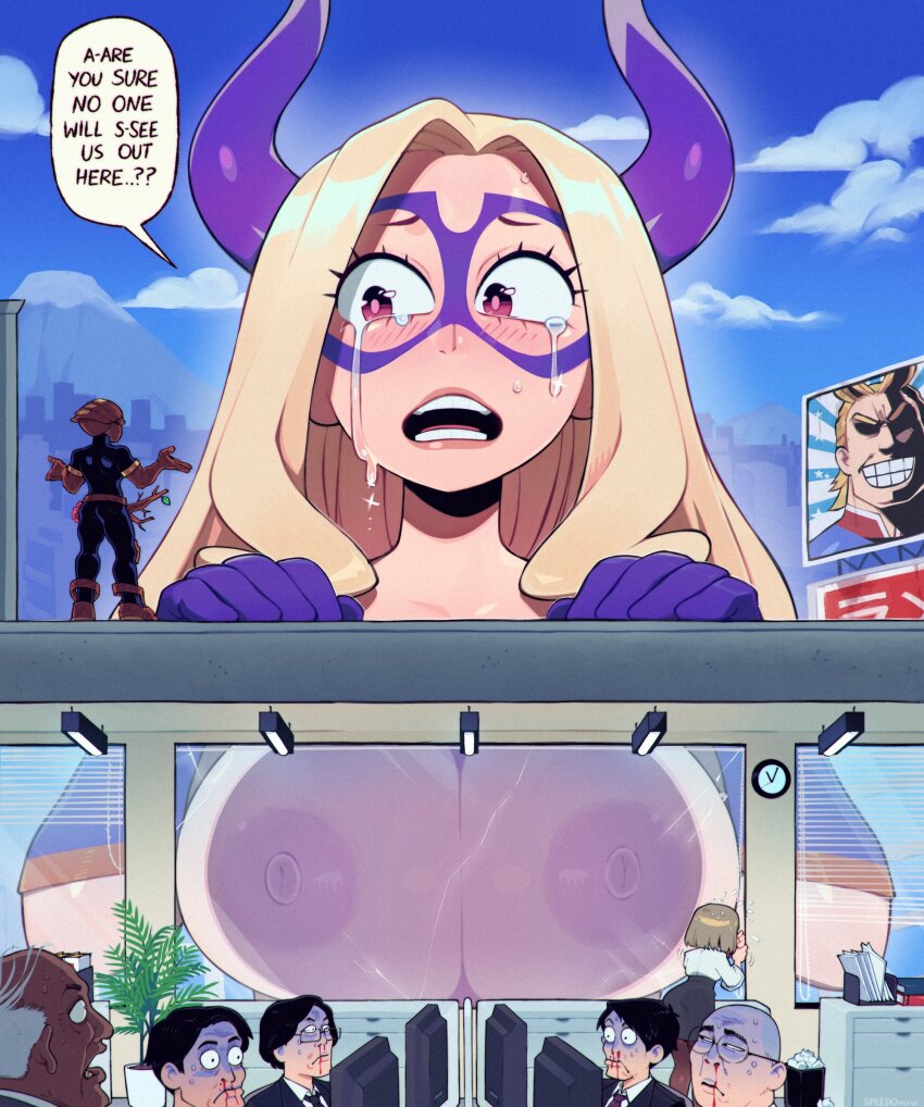 1girl against_glass aroused_nosebleed blonde_hair blood blush bodysuit boku_no_hero_academia breast_press breasts crying crying_with_eyes_open english_text giant giantess highres kamui_woods large_breasts long_hair mask mount_lady multiple_boys nosebleed open_mouth red_eyes size_difference speedoru streaming_tears tears teeth upper_teeth_only