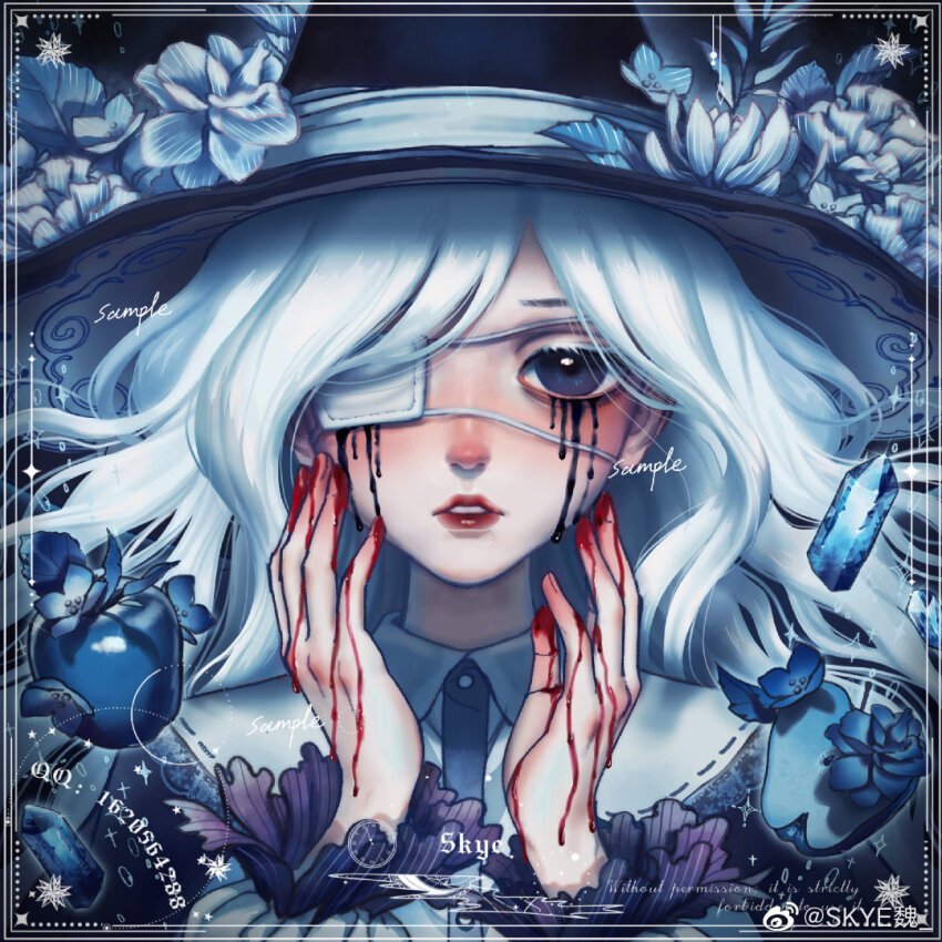1girl apple black_background black_hat black_shirt blood blood_on_hands blue_flower blush buttons capelet chinese_commentary collared_shirt colored_eyelashes commentary_request commission crystal expressionless eyepatch floral_background flower food frilled_sleeves frills fruit hands_on_own_cheeks hands_on_own_face hat hat_flower lipstick liquid_from_eyes long_hair long_sleeves makeup medical_eyepatch original parted_lips picture_frame puffy_long_sleeves puffy_sleeves purple_eyes red_lips ribbon-trimmed_capelet ribbon_trim sample_watermark shirt skye_wei solo teeth upper_body watermark weibo_watermark white_capelet white_flower white_hair witch_hat