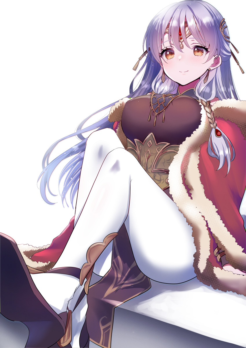 1girl absurdres azusa_(azchemist63) black_dress breasts cape circlet closed_mouth dress earrings fire_emblem fire_emblem:_radiant_dawn fire_emblem_heroes foreshortening fur_trim grey_hair hair_ornament highres jewelry large_breasts light_smile long_hair looking_at_viewer micaiah_(fire_emblem) micaiah_(radiant_queen)_(fire_emblem) nintendo official_alternate_costume pantyhose red_cape shoes simple_background sitting solo thighs variant_set white_background white_pantyhose yellow_eyes