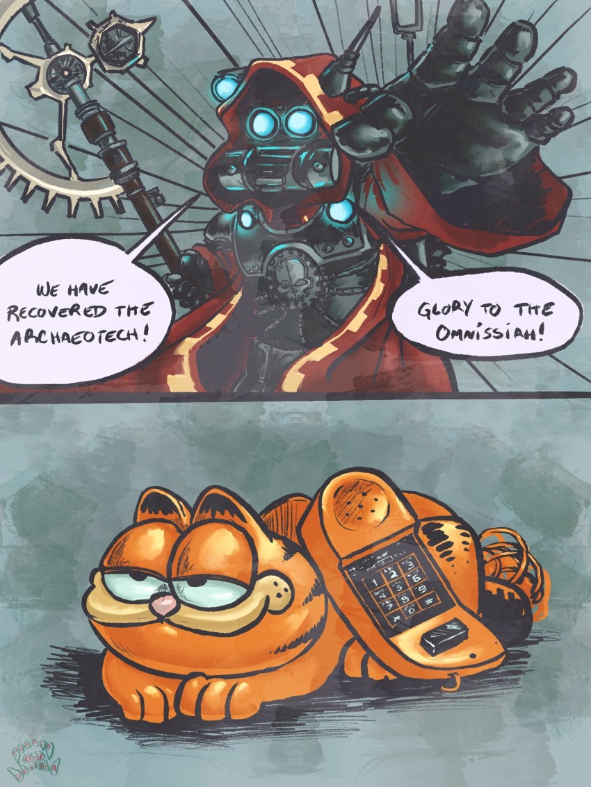 adeptus_mechanicus ambiguous_gender blue_eyes cyborg garfield garfield_(character) glowing glowing_eyes halberd highres phone polearm prosthesis prosthetic_arm red_robe robe signature teratodentata toy warhammer_40k weapon