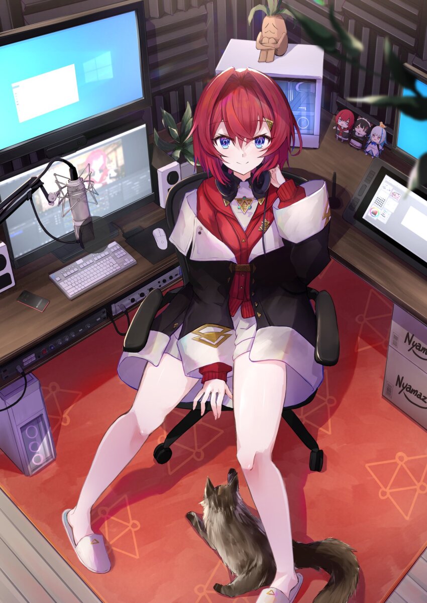 acoustic_foam ange_katrina ange_katrina_(1st_costume) arm_between_legs audio_interface bare_legs black_jacket blue_eyes breasts brown_cat cardigan cat character_doll closed_mouth commentary_request computer computer_keyboard computer_mouse computer_tower desk drawing_tablet dress from_above full_body hair_between_eyes hair_intakes hair_ornament hand_up headphones headphones_around_neck highres indoors inui_toko inui_toko_(1st_costume) jacket lize_helesta lize_helesta_(1st_costume) long_bangs long_sleeves looking_at_viewer looking_up mandragora microphone monitor mousepad_(object) multiple_monitors n3knp nijisanji off_shoulder on_chair pigeon-toed plant pop_filter potted_plant red_cardigan red_hair rug sanbaka_(nijisanji) sebastian_piyodore short_dress short_hair sitting slippers small_breasts smile solo speaker split_mouth swivel_chair triangle_hair_ornament virtual_youtuber white_dress white_slippers wooden_floor