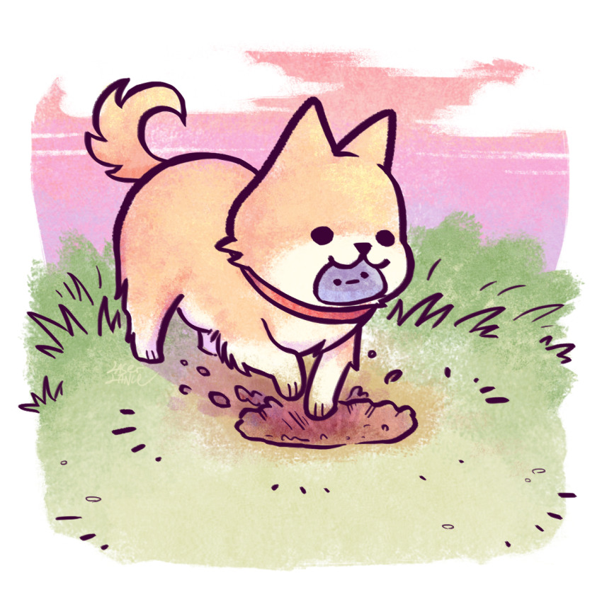 :3 :| animal animal_focus black_eyes border closed_mouth cloud collar commentary dirt dog dual_persona english_commentary full_body grass hector_(omori) highres laser-lance mouth_hold no_humans omori outdoors pink_sky red_collar rock sky solid_circle_eyes white_border