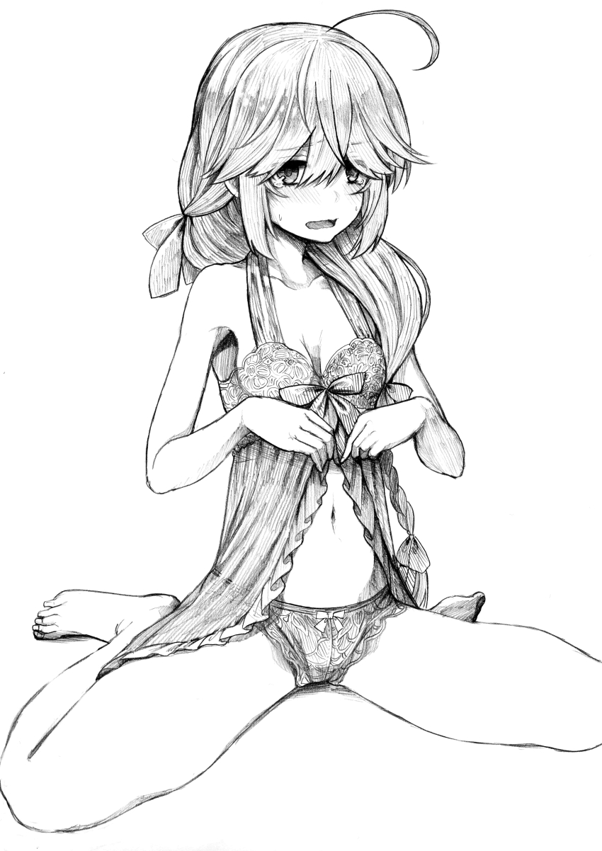 1girl absurdres ahoge alternate_costume alternate_hairstyle babydoll barefoot breasts greyscale hair_over_eyes hair_over_shoulder hair_ribbon hamanami_(kancolle) highres kantai_collection long_hair monochrome navel panties ribbon small_breasts solo tsuji_kazuho underwear