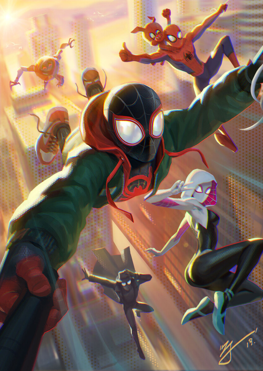 1girl 4boys animal animal_on_shoulder blurry blurry_background commentary english_commentary facing_viewer gloves highres holding hood ji_zhang male_focus marvel mecha multiple_boys red_footwear robot skin_tight spider-gwen spider-ham spider-man spider-man:_into_the_spider-verse spider-man_(miles_morales) spider-man_(series) spider-man_noir spider-verse untied_shoe