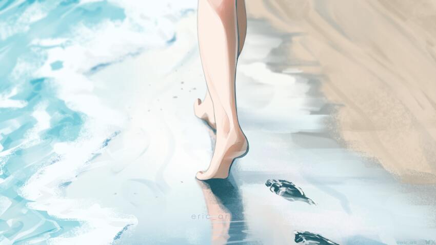 1girl absurdres barefoot beach chainsaw_man day eric_tran feet footprints highres leg_focus lower_body ocean outdoors reze_(chainsaw_man) sand solo