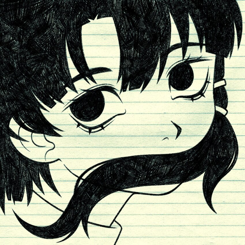 1girl asymmetrical_sidelocks bags_under_eyes commentary cryptidhermit english_commentary greyscale hair_between_eyes hair_ornament hair_over_mouth highres iwakura_lain lined_paper long_eyelashes looking_at_viewer monochrome serial_experiments_lain shirt short_hair solo