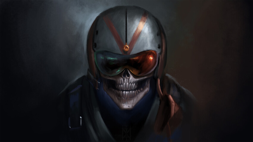absurdres assault_visor aviator_goggles close-up facing_viewer green_light helmet highres military_uniform orange_light painting_(medium) pearl_jam pilot pilot_helmet portrait red_helmet reflective_visor shadow sidelighting skull traditional_media two-tone_helmet unbuckled vasknov white_helmet