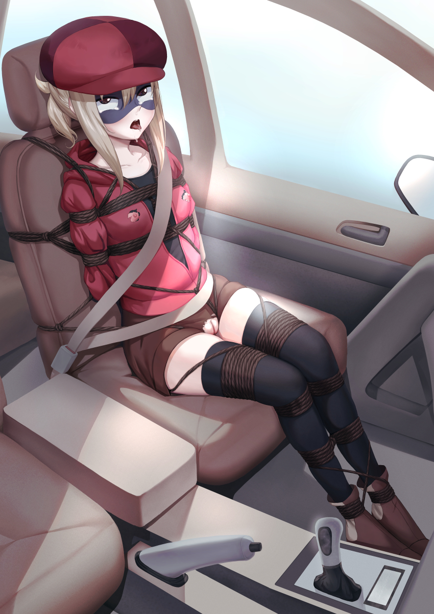 1girl absurdres ahegao arms_behind_back bdsm black_shirt black_thighhighs blonde_hair blush bondage boots bound bound_arms bound_legs bound_torso breasts brown_eyes car car_interior collarbone crotch_rope crying crying_with_eyes_open disguise doma_umaru drooling female_focus flat_chest hair_between_eyes hat highres himouto!_umaru-chan himouto!_umaru-chan_r huge_filesize indoors jacket looking_ahead looking_up mask medium_hair mirror motor_vehicle nipple_cutout nipples open_mouth outdoors ponytail public_bondage public_indecency pussy pussy_cutout red_hat red_jacket saliva saliva_trail seatbelt shibari shibari_over_clothes shirt short_shorts shorts sidelocks skin_tight skindentation small_breasts solo tabby_(8401431) tearing_up tears teeth thighhighs thighs tongue tongue_out torn_clothes uncensored zettai_ryouiki