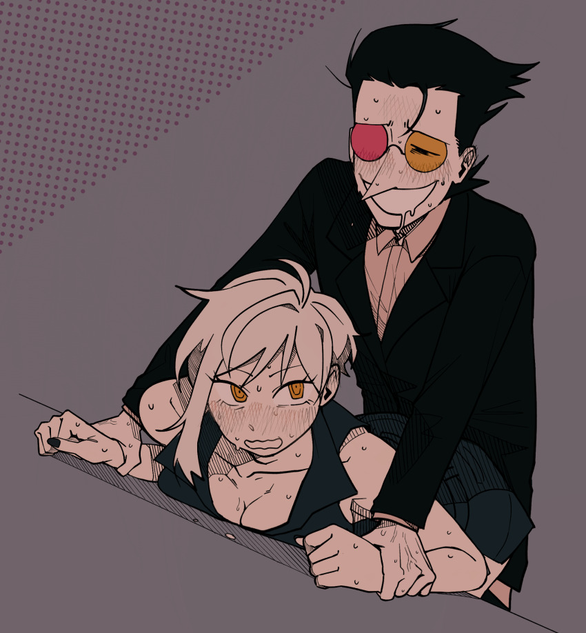 1boy 1girl black_hair black_jacket black_nails black_shirt blush collarbone collared_shirt commission deltarune grey_background grey_shirt heterochromatic_eyewear highres holding_another&#039;s_wrist jacket minominoks oc_x_canon open_mouth pinned round_eyewear saliva shirt short_hair sleeveless sleeveless_shirt smile spamton_g._spamton sweat tinted_eyewear yellow_eyes