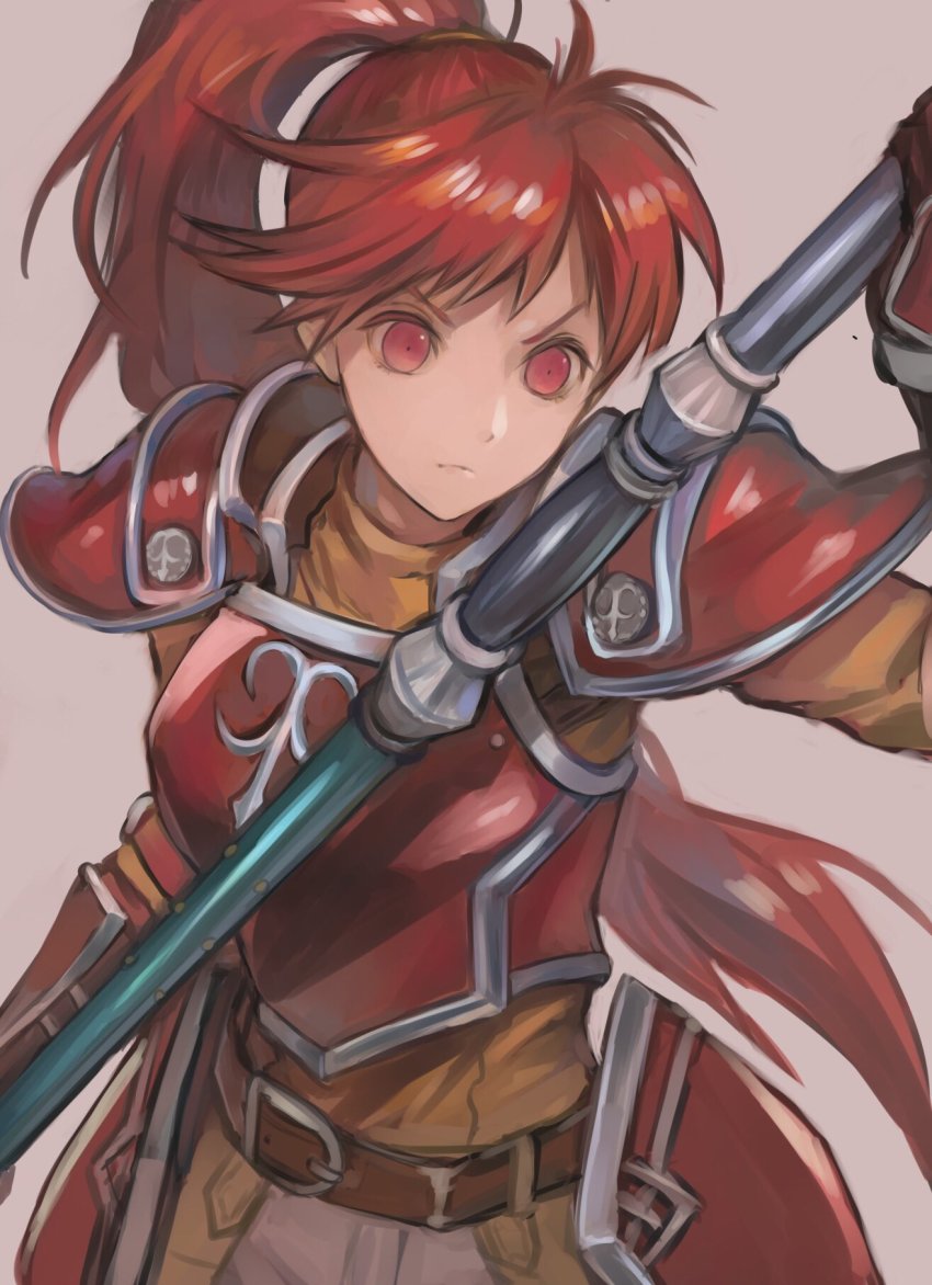 1girl armor belt breastplate closed_mouth fire_emblem fire_emblem:_path_of_radiance highres holding jill_(fire_emblem) long_hair mai_yukari nintendo ponytail red_eyes red_hair simple_background solo upper_body