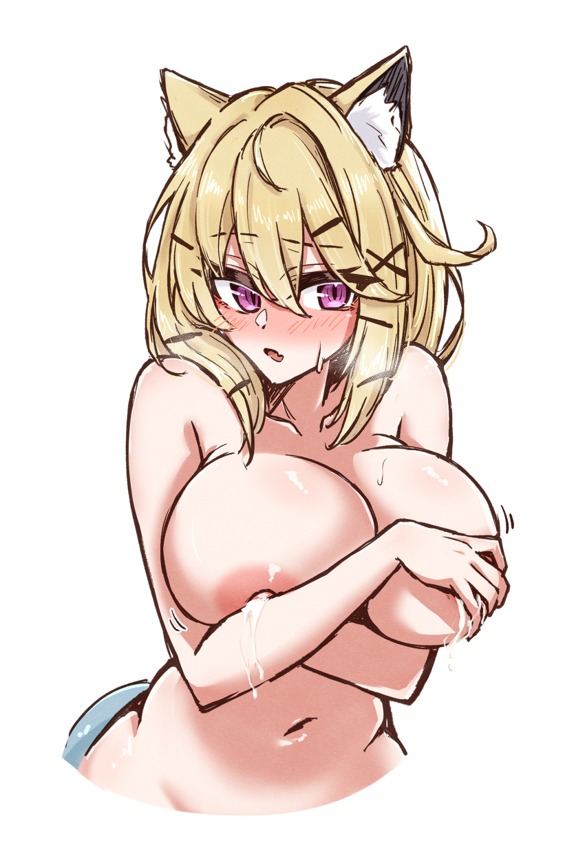 1girl absurdres animal_ear_fluff animal_ears arknights blonde_hair blush breasts breath commentary covering_breasts covering_nipples covering_privates cropped_torso eyes_visible_through_hair hair_between_eyes hair_ornament hairclip highres lactation large_breasts maiq06 medium_hair motion_lines navel nipples nude open_mouth pink_eyes simple_background solo sweat utage_(arknights) white_background x_hair_ornament
