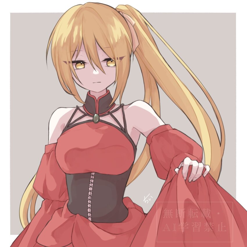 akita_neru banica_conchita banica_conchita_(cosplay) bare_shoulders black_choker blonde_hair brooch chii1113 choker corset cosplay detached_sleeves dress evillious_nendaiki expressionless gem green_gemstone hair_ribbon highres jewelry long_hair looking_to_the_side narrow_waist ney_phutapie possessed red_dress ribbon shinon_no_tokeitou_(vocaloid) side_ponytail signature skirt_hold very_long_hair vocaloid wide_sleeves yellow_eyes