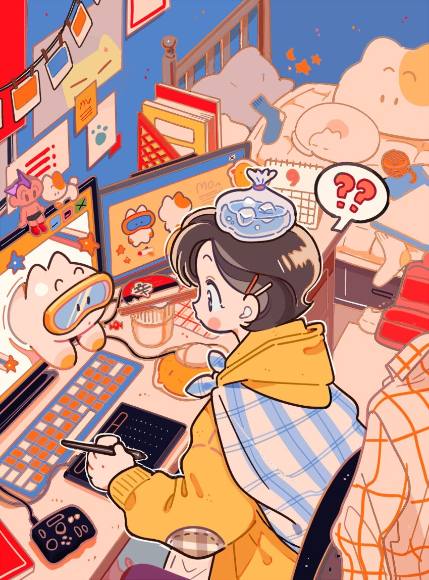 1girl ? ?? baggy_clothes bed bedroom black_eyes blush_stickers brown_hair calendar_(object) cape chopsticks clutter commentary computer computer_keyboard computer_mouse creature cup_ramen desk dolman_(dm) drawing_tablet elbow_patches from_above hair_behind_ear hair_ornament hairclip highres holding holding_pen hood hood_down hoodie ice_pack indoors messy_room monitor mousepad_(object) multiple_screens object_on_head original outline pen plaid_cape plaid_clothes poster_(object) promotional_art raised_eyebrows short_hair sitting speech_bubble spoken_question_mark surprised through_medium through_screen tourbox upper_body white_outline wireless_earphones yellow_hoodie