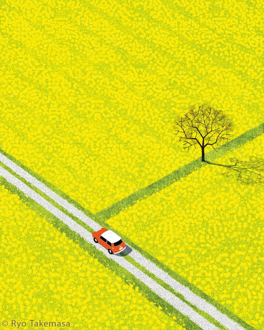 artist_name car commentary day english_commentary field from_above highres mini_cooper motor_vehicle no_humans original outdoors rapeseed_blossoms road shadow takemasaryo tree