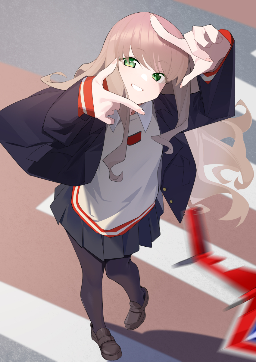 1girl absurdres black_jacket black_pantyhose black_skirt brown_hair brown_shoes brown_sweater collared_shirt finger_frame full_body green_eyes gridman_universe highres jacket loafers long_hair long_sleeves looking_at_viewer minami_yume open_clothes open_jacket pantyhose pleated_skirt shirt shoes skirt sleeves_past_wrists solo ssss.dynazenon standing sweater wako_(1194433260) white_shirt