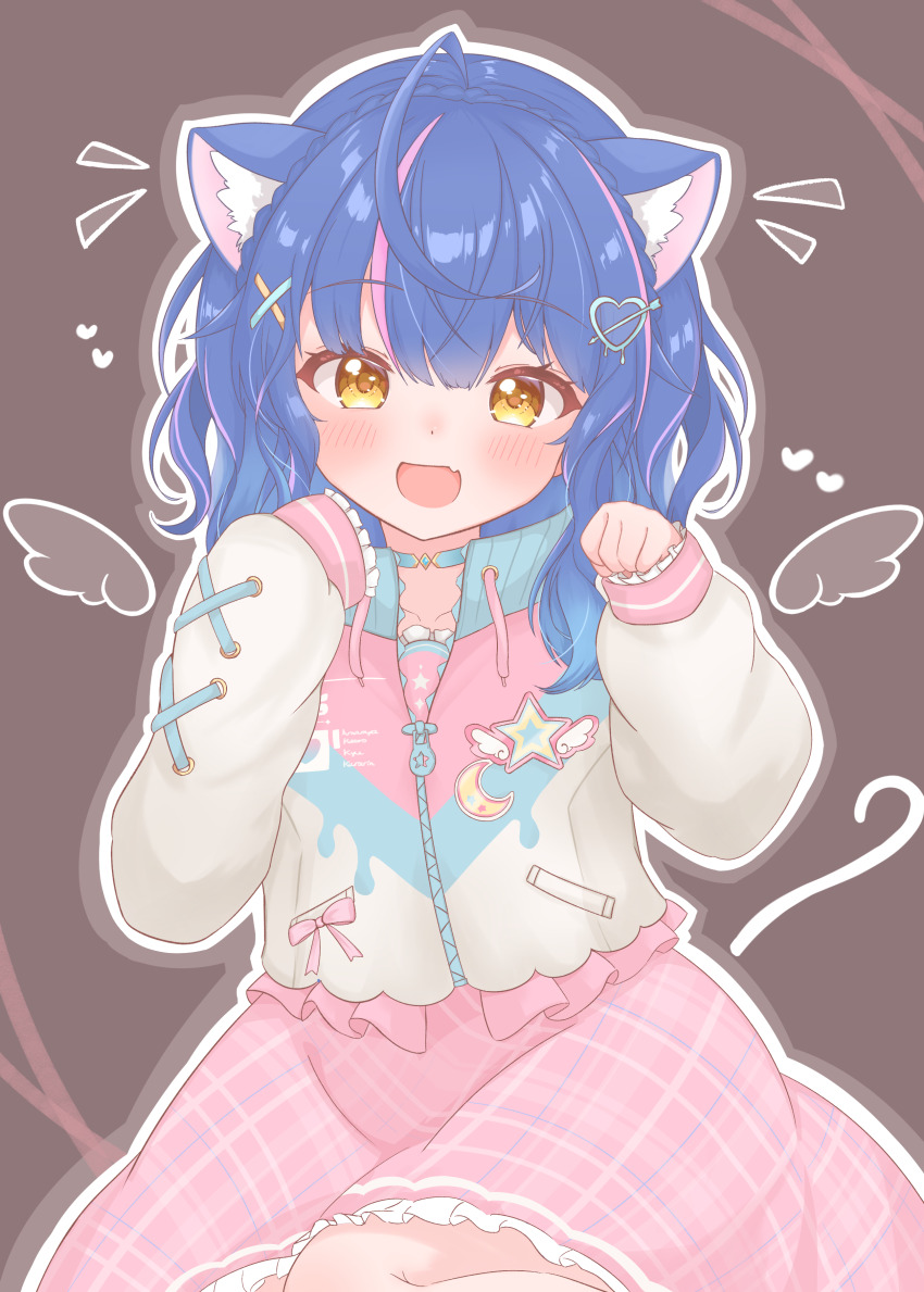 1girl absurdres ahoge amamiya_kokoro animal_ear_fluff animal_ears blue_hair blush braid cat_ears dress fang hair_between_eyes hair_ornament happy heart heart_hair_ornament highres kneeling limited_palette looking_at_viewer matcha_november mini_wings multicolored_hair nijisanji open_mouth outline paw_pose pink_dress skin_fang streaked_hair virtual_youtuber wings x_hair_ornament yellow_eyes