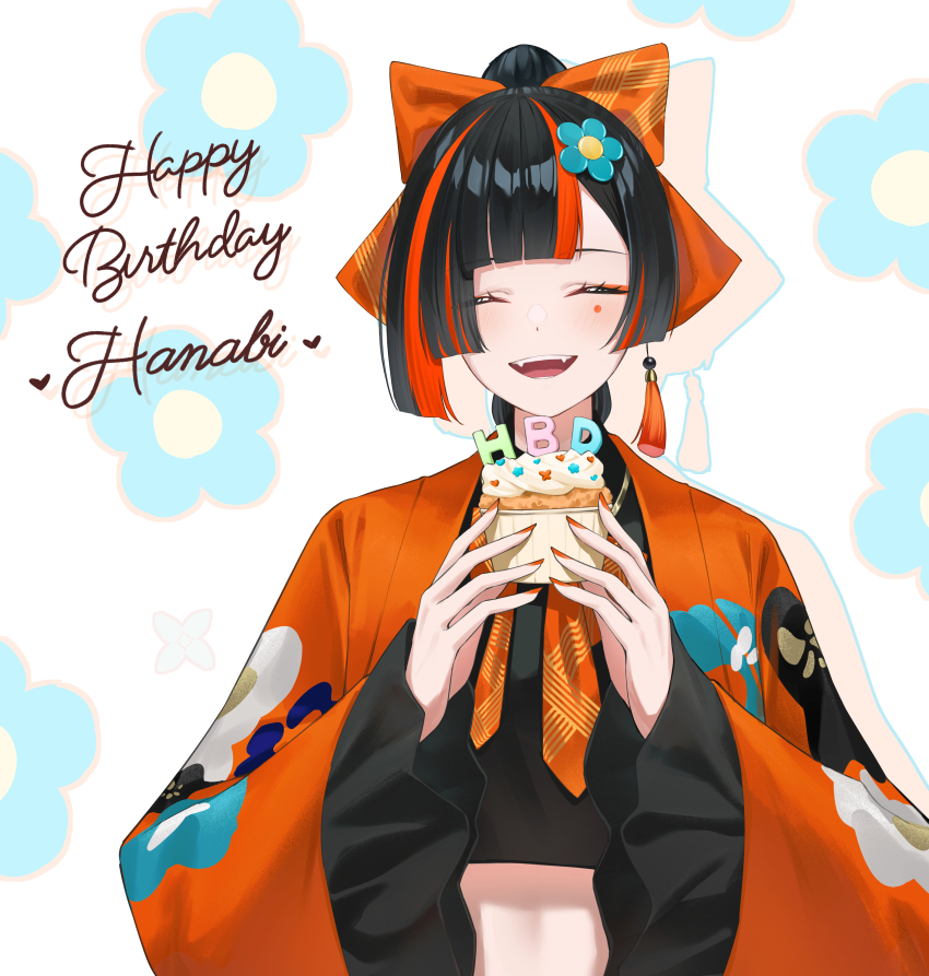 1girl absurdres black_hair blush bokuhakiyoshi bow cake choya_hanabi closed_eyes colored_shadow cupcake drop_shadow earrings facial_mark fangs flower food hair_bow hair_flower hair_ornament happy_birthday highres holding holding_cake holding_food japanese_clothes jewelry looking_at_viewer multicolored_hair open_mouth orange_bow orange_hair orange_nails shadow single_earring solo streaked_hair teeth two-tone_hair virtual_youtuber vspo!