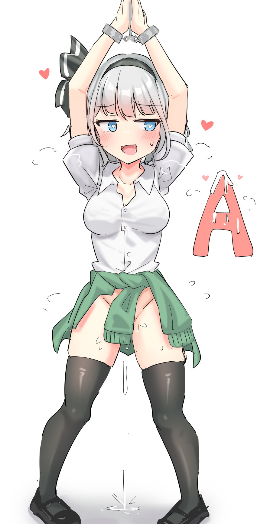 1girl absurdres arms_up black_hairband black_shoes black_thighhighs blue_eyes breasts cardigan cardigan_around_waist clothes_around_waist commentary_request cuffs full_body green_cardigan grey_hair hairband handcuffs heart heart-shaped_pupils highres konpaku_youmu loafers medium_breasts no_panties open_mouth pussy_juice restrained shirt shoes short_hair simple_background solo symbol-shaped_pupils thighhighs touhou white_background white_shirt youyume-kun