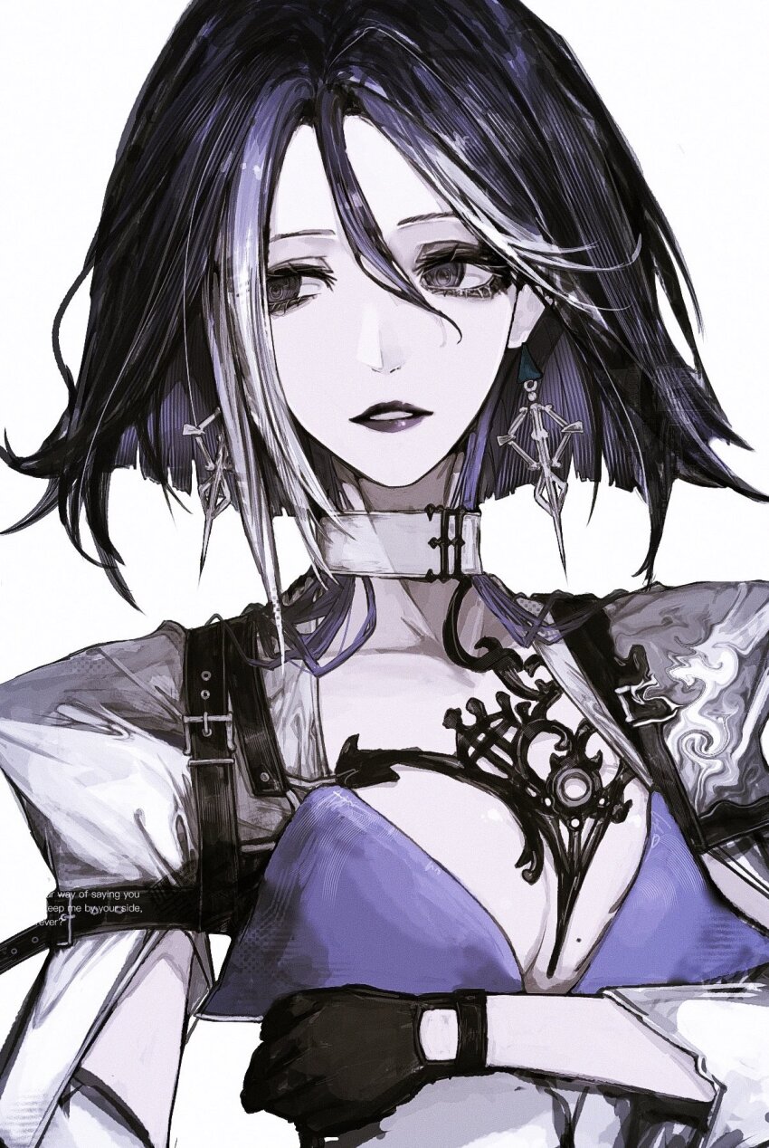1girl adela_(path_to_nowhere) black_eyes chironoliver earrings gloves highres jewelry looking_to_the_side multicolored_hair path_to_nowhere portrait short_hair white_background