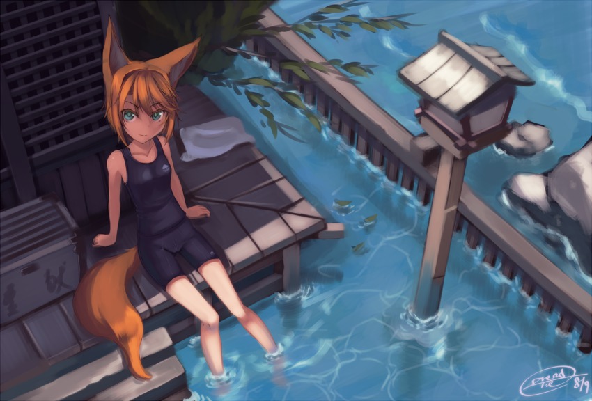 1girl animal_ears bad_id bad_pixiv_id bike_shorts dreadtie female_focus fox_ears fox_tail green_eyes md5_mismatch orange_hair original resolution_mismatch short_hair solo tail