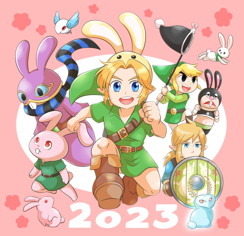2023 4boys :d absurdres animal_ears aogaeru_(pixiv46613656) belt belt_buckle bird black_eyes blonde_hair blue_eyes blue_tunic blupee boots brown_belt brown_footwear buck_teeth buckle bunny_hood_(zelda) butterfly_net chinese_zodiac clenched_hands closed_mouth commentary_request earrings fake_animal_ears flower_symbol frown green_headwear green_shirt green_tunic hand_net hat highres holding holding_butterfly_net holding_shield jewelry link link_(bunny) long_hair long_sleeves looking_at_viewer low_ponytail multiple_boys nintendo open_mouth parted_bangs pink_background pointy_ears ponytail rabbit rabbit_ears ravio red_eyes running sheerow shield shirt short_hair short_sleeves sidelocks simple_background smile teeth the_legend_of_zelda the_legend_of_zelda:_a_link_between_worlds the_legend_of_zelda:_a_link_to_the_past the_legend_of_zelda:_breath_of_the_wild the_legend_of_zelda:_ocarina_of_time the_legend_of_zelda:_spirit_tracks the_legend_of_zelda:_the_wind_waker toon_link tunic two-tone_background upper_teeth_only v-shaped_eyebrows white_background wooden_shield year_of_the_rabbit young_link