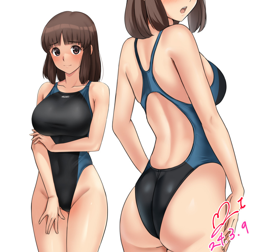 1girl amagami ass bare_arms bare_shoulders black_one-piece_swimsuit blue_one-piece_swimsuit blush breasts brown_eyes brown_hair closed_mouth collarbone commentary_request commission competition_swimsuit covered_navel cowboy_shot dated groin hand_on_own_thigh highleg highleg_one-piece_swimsuit highres large_breasts looking_at_viewer medium_hair multiple_views one-piece_swimsuit open_mouth pixiv_commission raised_eyebrows signature simple_background smile split_mouth standing swimsuit tanaka_keiko_(amagami) teeth two-tone_swimsuit upper_teeth_only white_background yoo_tenchi