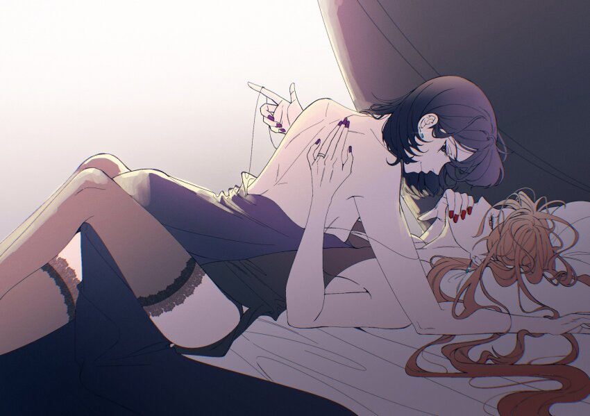 2girls black_dress black_eyes black_hair black_thighhighs brown_eyes brown_hair commentary covering_another&#039;s_mouth dress hair_spread_out han_sooyoung hand_on_another&#039;s_back hand_over_another&#039;s_mouth hashtag-only_commentary highres imgeun lace lace-trimmed_thighhighs lace_trim long_hair lying multiple_girls omniscient_reader&#039;s_viewpoint on_back red_nails see-through_clothes see-through_thighhighs short_hair thighhighs yoo_sangah yuri