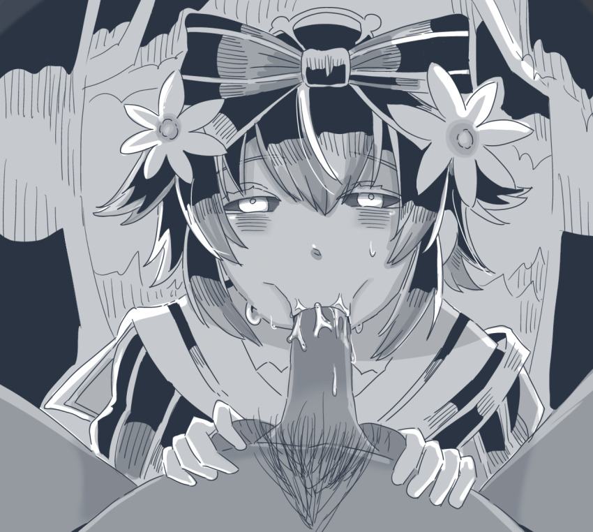1boy 1girl :&gt;= black_sclera blush colored_sclera fellatio flower gloves grimms_echoes hair_between_eyes hair_flower hair_ornament hair_ribbon half-closed_eyes oral penis pov pubic_hair puffy_sleeves ribbon short_hair solo_focus sweat user_sjtw2272 void_snow_white_(grimms_echoes)