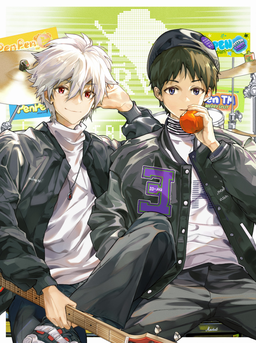 2boys alternate_costume apple badge beanie black_jacket black_pants blue_eyes brown_hair button_badge closed_mouth drum drum_set electric_guitar figure_four_sitting food fruit grey_hair guitar hair_between_eyes hat highres holding holding_food holding_fruit holding_guitar holding_instrument ikari_shinji instrument jacket jewelry letterman_jacket looking_at_viewer male_focus multiple_boys nagisa_kaworu necklace neon_genesis_evangelion nerv official_alternate_costume open_clothes open_jacket pants red_eyes short_hair sitting smile sweater turtleneck turtleneck_sweater wayd_(lei_ke_ya_wei_ke) white_sweater