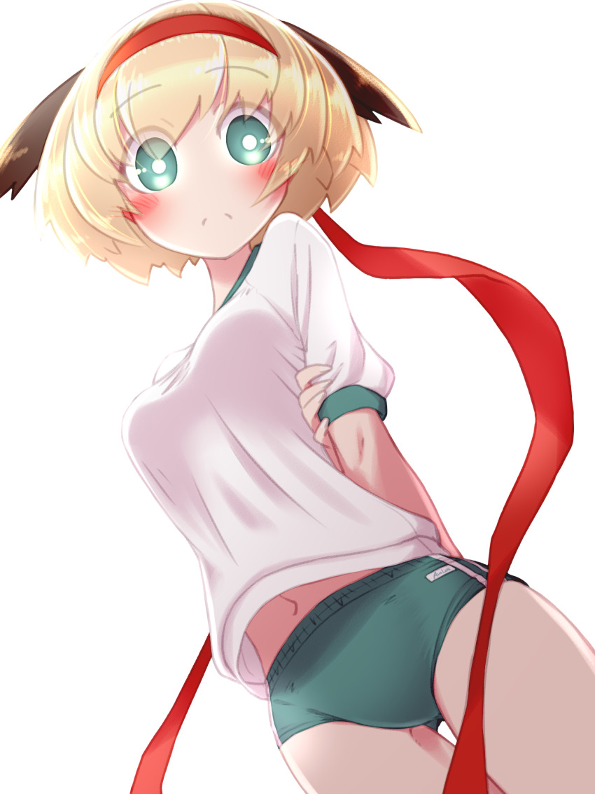 1girl arms_behind_back blonde_hair blush breasts buruma commentary_request fate/grand_order fate_(series) gareth_(fate) green_buruma green_eyes gym_uniform hachimaki headband highres looking_at_viewer navel neck_o short_hair simple_background small_breasts solo thigh_gap white_background