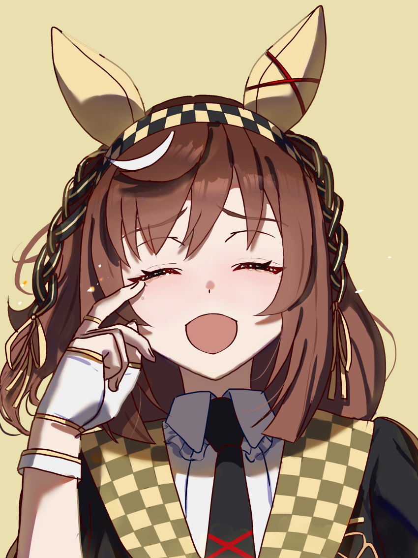 1girl absurdres animal_ears black_jacket black_necktie brown_hair buena_vista_(umamusume) checkered_floor closed_eyes collared_shirt commentary_request ear_covers ear_ornament facing_viewer fingerless_gloves gloves highres horse_ears horse_girl jacket long_hair necktie no_uwazumi open_mouth shirt simple_background smile solo tears umamusume upper_body white_gloves wiping_tears yellow_background