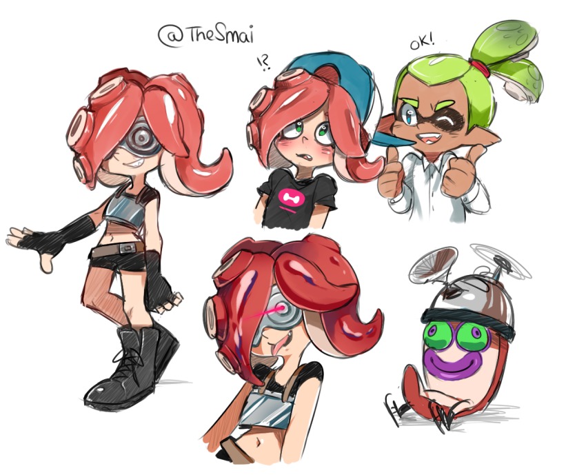 !? 1boy 1girl alternate_costume artist_name bad_id bad_tumblr_id baseball_cap blue_eyes blush boots colored_sclera crop_top fang fangs fingerless_gloves gloves glowing glowing_eyes goggles green_eyes green_hair green_sclera hat inkling inkling_boy inkling_player_character mask midriff navel nintendo octarian_(enemy) octocopter octoling octotrooper ponytail red_hair sami_(artist) sami_briggs sharp_teeth simple_background smirk splatoon_(series) splatoon_1 takozonesu teeth tentacle_hair thumbs_up tongue tongue_out