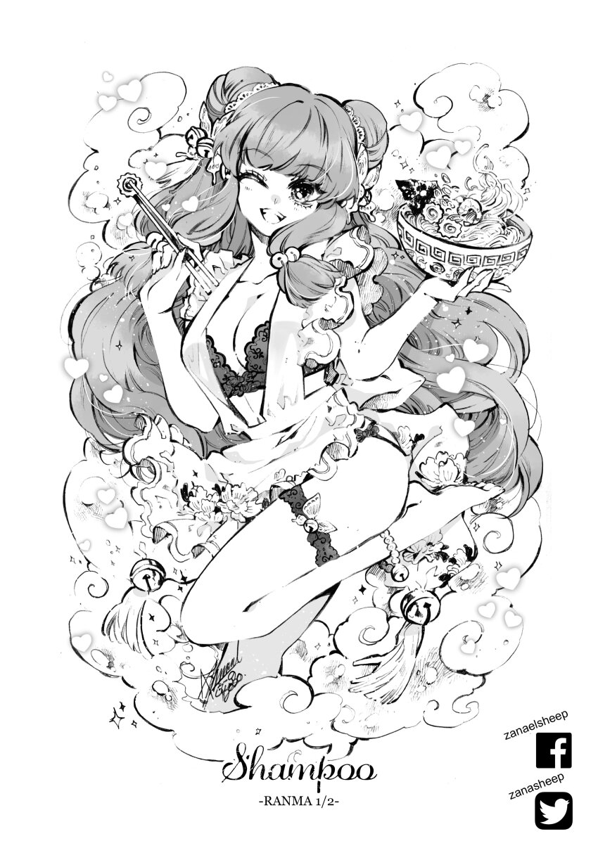 1girl absurdres apron barefoot bell bowl bra breasts character_name chopsticks cleavage collarbone copyright_name double_bun facebook_logo food frilled_apron frills garter_belt greyscale hair_bell hair_bun hair_ornament heart highres holding holding_bowl holding_chopsticks lace lace-trimmed_bra lace_trim lingerie long_hair monochrome noodles one_eye_closed open_mouth ramen ranma_1/2 shampoo_(ranma_1/2) signature solo steam toes twitter_logo underwear zanael