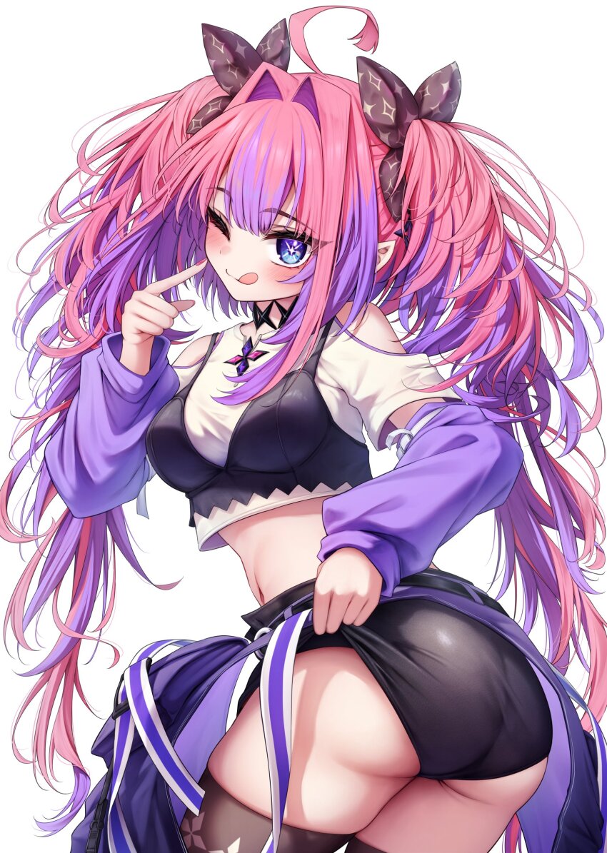 1girl absurdres ahoge ass bare_shoulders black_bra black_shorts black_thighhighs blush bra bra_over_clothes breasts come_hither detached_sleeves gradient_hair highres hololive hololive_dev_is kikirara_vivi long_hair looking_at_viewer medium_breasts multicolored_hair naughty_face one_eye_closed pink_hair purple_arm_warmers purple_hair shirt shishou_(doragyurosu) shorts smile solo thighhighs tongue tongue_out twintails underwear very_long_hair virtual_youtuber white_shirt wink