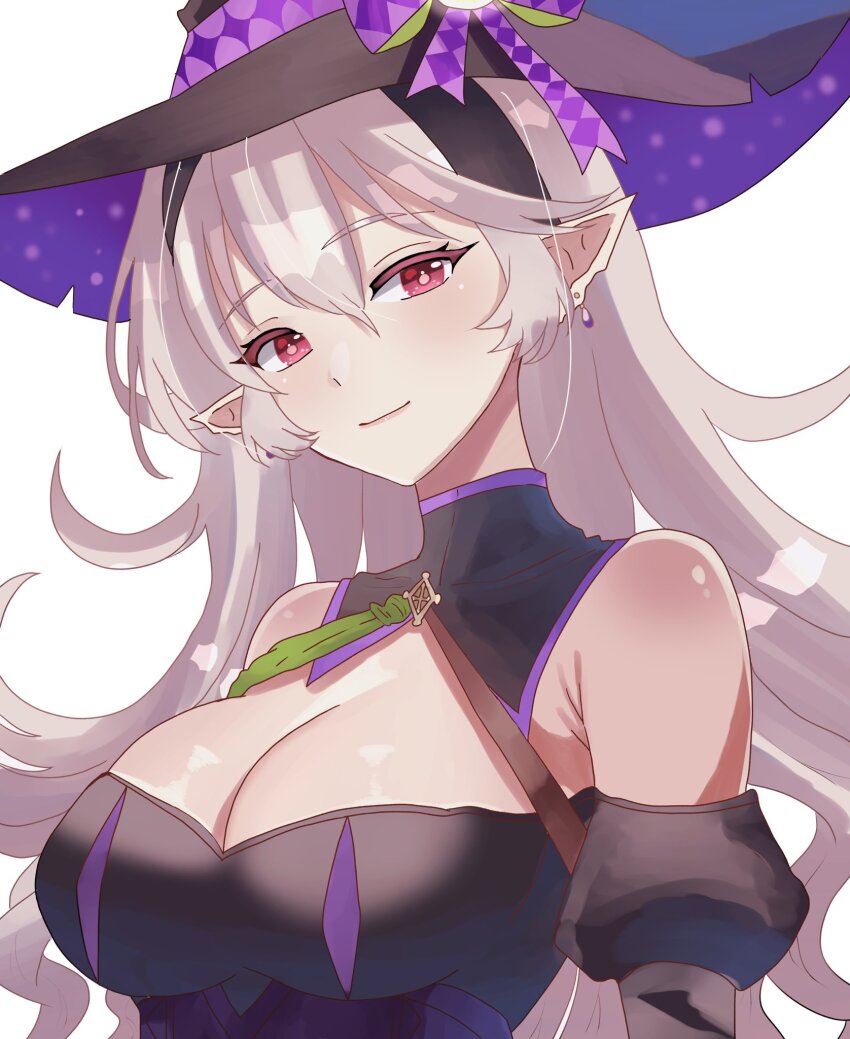 1girl armpit_crease breasts closed_mouth commentary_request corrin_(female)_(fire_emblem) corrin_(female)_(halloween)_(fire_emblem) earrings fire_emblem fire_emblem_fates fire_emblem_heroes grey_hair hair_between_eyes hat highres jewelry large_breasts long_hair looking_at_viewer n_54 nintendo official_alternate_costume pointy_ears purple_trim red_eyes red_pupils simple_background smile solo upper_body white_background witch_hat